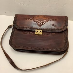 Vintage Brown Leather Hand Tooled Messenger Bag Internal Zip Pocket and Pouch